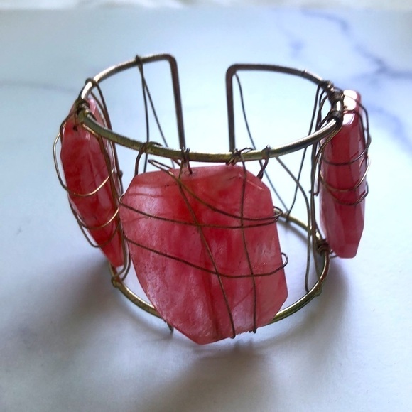 Rose Quartz Gold Tone Bangle Cuff Bracelet - Picture 1 of 5